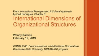 From International Management: A Cultural Approach
by Carl Rodrigues, Chapter 6:
International Dimensions of
Organizational Structures
Wendy Kalman
February 12, 2019
COMM 7500: Communications in Multinational Corporations
Kennesaw State University, MPA/MAIGC program
 