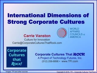Copyright © 2016, TFI – Corporate Cultures That Rock
International Dimensions of
Strong Corporate Cultures
Corporate Cultures That ROCK
A Project of Technology Futures, Inc.
(512) 258-8898  www.TFI.com
Images: TFI and other sources
Carrie Vanston
Culture for Innovation
Carrie@CorporateCulturesThatRock.com
 