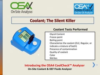 Coolant Tests Performed
                    Glycol Content
                    Freeze point
                    Boiling point
                    Characterize the coolant (ELC, Regular, or
                    indicate a mixture of both)
                    Presence of contamination
                    Quality of coolant
                    Color
                    Nitrites


Introducing the OSA4 CoolCheck™ Analyzer                         14

  On-Site Coolant & DEF Fluids Analyzer
 