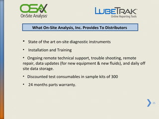 What On-Site Analysis, Inc. Provides To Distributors


• State of the art on-site diagnostic instruments
• Installation and Training
• Ongoing remote technical support, trouble shooting, remote
repair, data updates (for new equipment & new fluids), and daily off
site data storage.
• Discounted test consumables in sample kits of 300
• 24 months parts warranty.



                                                                       25
 