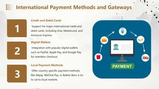 1
2
3
Support for major international credit and
debit cards, including Visa, Mastercard, and
American Express.
Credit and Debit Cards
Integration with popular digital wallets
such as PayPal, Apple Pay, and Google Pay
for seamless checkout.
Digital Wallets
Offer country specific payment methods
like Alipay, WeChat Pay, or Boleto Banc á rio
to cat to local markets
Local Payment Methods
International Payment Methods and Gateways
 