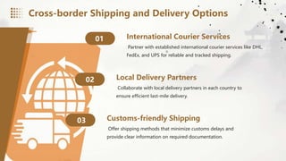 International Courier Services
01
Partner with established international courier services like DHL,
FedEx, and UPS for reliable and tracked shipping.
Local Delivery Partners
02
Collaborate with local delivery partners in each country to
ensure efficient last-mile delivery.
Customs-friendly Shipping
03
Offer shipping methods that minimize customs delays and
provide clear information on required documentation.
Cross-border Shipping and Delivery Options
 