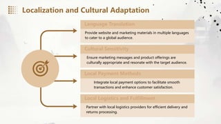 Localization and Cultural Adaptation
Language Translation
Provide website and marketing materials in multiple languages
to cater to a global audience.
Cultural Sensitivity
Ensure marketing messages and product offerings are
culturally appropriate and resonate with the target audience.
Local Payment Methods
Integrate local payment options to facilitate smooth
transactions and enhance customer satisfaction.
Local Logistics and Fulfillment
Partner with local logistics providers for efficient delivery and
returns processing.
 
