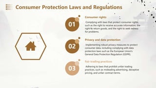 01
02
03
Consumer rights
Complying with laws that protect consumer rights,
such as the right to receive accurate information, the
right to return goods, and the right to seek redress
for problems.
Privacy and data protection
Implementing robust privacy measures to protect
consumer data, including complying with data
protection laws such as the European Union's
General Data Protection Regulation (GDPR).
Fair trading practices
Adhering to laws that prohibit unfair trading
practices, such as misleading advertising, deceptive
pricing, and unfair contract terms.
Consumer Protection Laws and Regulations
 