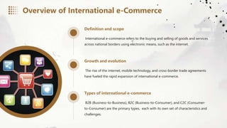 Definition and scope
International e-commerce refers to the buying and selling of goods and services
across national borders using electronic means, such as the internet.
Growth and evolution
The rise of the internet, mobile technology, and cross-border trade agreements
have fueled the rapid expansion of international e-commerce.
Types of international e-commerce
B2B (Business-to-Business), B2C (Business-to-Consumer), and C2C (Consumer-
to-Consumer) are the primary types, each with its own set of characteristics and
challenges.
Overview of International e-Commerce
 