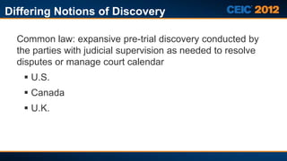 Differing Notions of Discovery

  Common law: expansive pre-trial discovery conducted by
  the parties with judicial supervision as needed to resolve
  disputes or manage court calendar
    U.S.
    Canada
    U.K.
 
