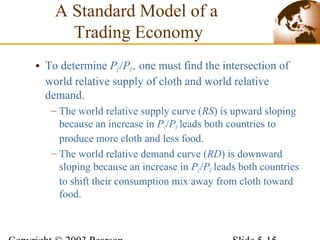 • To determine PC/PF, one must find the intersection of
world relative supply of cloth and world relative
demand.
– The world relative supply curve (RS) is upward sloping
because an increase in PC/PF leads both countries to
produce more cloth and less food.
– The world relative demand curve (RD) is downward
sloping because an increase in PC/PF leads both countries
to shift their consumption mix away from cloth toward
food.
A Standard Model of a
Trading Economy
 