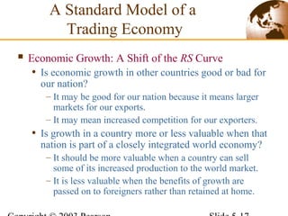  Economic Growth: A Shift of the RS Curve
• Is economic growth in other countries good or bad for
our nation?
– It may be good for our nation because it means larger
markets for our exports.
– It may mean increased competition for our exporters.
• Is growth in a country more or less valuable when that
nation is part of a closely integrated world economy?
– It should be more valuable when a country can sell
some of its increased production to the world market.
– It is less valuable when the benefits of growth are
passed on to foreigners rather than retained at home.
A Standard Model of a
Trading Economy
 