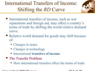 International Transfers of Income:
Shifting the RD Curve
 International transfers of income, such as war
reparations and foreign aid, may affect a country’s
terms of trade by shifting the world relative demand
curve.
 Relative world demand for goods may shift because
of:
• Changes in tastes
• Changes in technology
• International transfers of income
 The Transfer Problem
• How international transfers affect the terms of trade
 