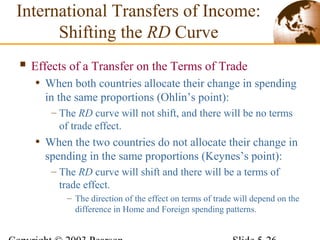  Effects of a Transfer on the Terms of Trade
• When both countries allocate their change in spending
in the same proportions (Ohlin’s point):
– The RD curve will not shift, and there will be no terms
of trade effect.
• When the two countries do not allocate their change in
spending in the same proportions (Keynes’s point):
– The RD curve will shift and there will be a terms of
trade effect.
– The direction of the effect on terms of trade will depend on the
difference in Home and Foreign spending patterns.
International Transfers of Income:
Shifting the RD Curve
 