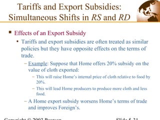  Effects of an Export Subsidy
• Tariffs and export subsidies are often treated as similar
policies but they have opposite effects on the terms of
trade.
– Example: Suppose that Home offers 20% subsidy on the
value of cloth exported:
– This will raise Home’s internal price of cloth relative to food by
20%.
– This will lead Home producers to produce more cloth and less
food.
– A Home export subsidy worsens Home’s terms of trade
and improves Foreign’s.
Tariffs and Export Subsidies:
Simultaneous Shifts in RS and RD
 