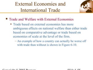  Trade and Welfare with External Economies
• Trade based on external economies has more
ambiguous effects on national welfare than either trade
based on comparative advantage or trade based on
economies of scale at the level of the firm.
– An example of how a country can actually be worse off
with trade than without is shown in Figure 6-10.
External Economies and
International Trade
 