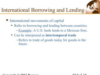  International movements of capital
• Refer to borrowing and lending between countries
–Example: A U.S. bank lends to a Mexican firm.
• Can be interpreted as intertemporal trade
–Refers to trade of goods today for goods in the
future
International Borrowing and Lending
 