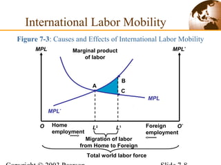L2
International Labor Mobility
Figure 7-3: Causes and Effects of International Labor Mobility
MPL
MPL MPL*
MPL*
Home
employment
O Foreign
employment
O*
A
B
C
L1
Migration of labor
from Home to Foreign
Total world labor force
Marginal product
of labor
 