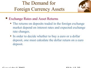  Exchange Rates and Asset Returns
• The returns on deposits traded in the foreign exchange
market depend on interest rates and expected exchange
rate changes.
• In order to decide whether to buy a euro or a dollar
deposit, one must calculate the dollar return on a euro
deposit.
The Demand for
Foreign Currency Assets
 