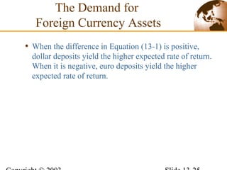• When the difference in Equation (13-1) is positive,
dollar deposits yield the higher expected rate of return.
When it is negative, euro deposits yield the higher
expected rate of return.
The Demand for
Foreign Currency Assets
 