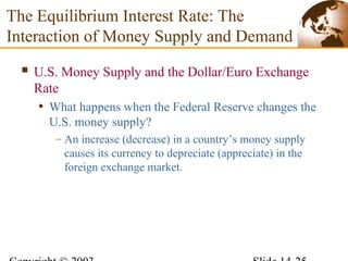  U.S. Money Supply and the Dollar/Euro Exchange
Rate
• What happens when the Federal Reserve changes the
U.S. money supply?
– An increase (decrease) in a country’s money supply
causes its currency to depreciate (appreciate) in the
foreign exchange market.
The Equilibrium Interest Rate: The
Interaction of Money Supply and Demand
 
