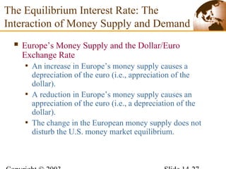  Europe’s Money Supply and the Dollar/Euro
Exchange Rate
• An increase in Europe’s money supply causes a
depreciation of the euro (i.e., appreciation of the
dollar).
• A reduction in Europe’s money supply causes an
appreciation of the euro (i.e., a depreciation of the
dollar).
• The change in the European money supply does not
disturb the U.S. money market equilibrium.
The Equilibrium Interest Rate: The
Interaction of Money Supply and Demand
 