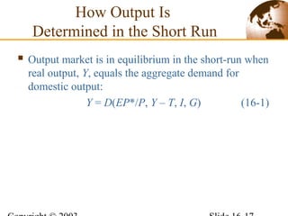 How Output Is
Determined in the Short Run
 Output market is in equilibrium in the short-run when
real output, Y, equals the aggregate demand for
domestic output:
Y = D(EP*/P, Y – T, I, G) (16-1)
 