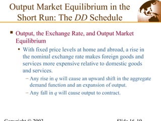  Output, the Exchange Rate, and Output Market
Equilibrium
• With fixed price levels at home and abroad, a rise in
the nominal exchange rate makes foreign goods and
services more expensive relative to domestic goods
and services.
– Any rise in q will cause an upward shift in the aggregate
demand function and an expansion of output.
– Any fall in q will cause output to contract.
Output Market Equilibrium in the
Short Run: The DD Schedule
 