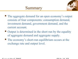 Summary
 The aggregate demand for an open economy’s output
consists of four components: consumption demand,
investment demand, government demand, and the
current account.
 Output is determined in the short run by the equality
of aggregate demand and aggregate supply.
 The economy’s short-run equilibrium occurs at the
exchange rate and output level.
 
