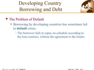  The Problem of Default
• Borrowing by developing countries has sometimes led
to default crises.
– The borrower fails to repay on schedule according to
the loan contract, without the agreement to the lender.
Developing Country
Borrowing and Debt
 