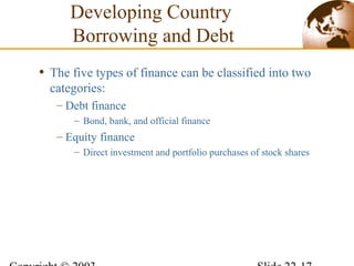 • The five types of finance can be classified into two
categories:
– Debt finance
– Bond, bank, and official finance
– Equity finance
– Direct investment and portfolio purchases of stock shares
Developing Country
Borrowing and Debt
 