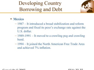• Mexico
– 1987 – It introduced a broad stabilization and reform
program and fixed its peso’s exchange rate against the
U.S. dollar.
– 1989-1991 – It moved to a crawling peg and crawling
band.
– 1994 – It joined the North American Free Trade Area
and achieved 7% inflation.
Developing Country
Borrowing and Debt
 