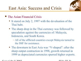  The Asian Financial Crisis
• It stared on July 2, 1997 with the devaluation of the
Thai baht.
• The sharp drop in the Thai currency was followed by
speculation against the currencies of: Malaysia,
Indonesia, and South Korea.
– All of the afflicted countries except Malaysia turned to
the IMF for assistance.
• The downturn in East Asia was “V-shaped”: after the
sharp output contraction in 1998, growth returned in
1999 as depreciated currencies spurred higher exports.
East Asia: Success and Crisis
 