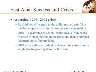 • Argentina’s 2001-2002 crises
– Its rigid peg of its peso to the dollar proved painful as
the dollar appreciated in the foreign exchange market.
– 2001 – It restricted residents’ withdrawals from banks
in order to stem the run on the peso, and then it stopped
payment on its foreign debts.
– 2002 – It established a dual exchange rate system and a
single floating-rate system for the peso.
East Asia: Success and Crisis
 