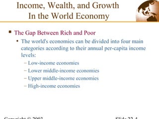  The Gap Between Rich and Poor
• The world's economies can be divided into four main
categories according to their annual per-capita income
levels:
– Low-income economies
– Lower middle-income economies
– Upper middle-income economies
– High-income economies
Income, Wealth, and Growth
In the World Economy
 
