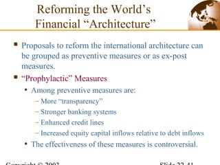  Proposals to reform the international architecture can
be grouped as preventive measures or as ex-post
measures.
 “Prophylactic” Measures
• Among preventive measures are:
– More “transparency”
– Stronger banking systems
– Enhanced credit lines
– Increased equity capital inflows relative to debt inflows
• The effectiveness of these measures is controversial.
Reforming the World’s
Financial “Architecture”
 