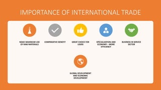 IMPORTANCE OF INTERNATIONAL TRADE
MAKE MAXIMUM USE
OF RAW MATERIALS
COMPARATIVE BENEFIT GREAT CHOICE FOR
USERS
SPECIALIZATION AND
ECONOMY – MORE
EFFICIENCY
BUSINESS IN SERVICE
SECTOR
GLOBAL DEVELOPMENT
AND ECONOMIC
DEVELOPMENT
 