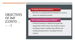 OBJECTIVES
OF IMF
(CONTD …
… …)
• IMF aims in providing technical assistance in various
sectors to individual countries.
Providing Technical Assistance
• Technical assistance is delivered through field
assignments, staff missions and studies as well as
workshops meant to update state officials with
trending developments in the global financial
industry.
How Technical Assistance is Offered
 