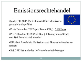 11
Emissionsrechtehandel
In der EU 2005 für Kohlenstoffdioxidemission
gesetzlich eingeführt
Preis Dezember 2012 (pro Tonne CO2 ): :5.89 Euro
Pro fehlendem EUA Zertifikat ( 1 Tonne) muss Strafe
von 100 Euro bezahlt werden
EU plant Anzahl der Emissionszertifikate schrittweise zu
senken
Seit 2012 ist auch der Luftverkehr miteinbezogen
 