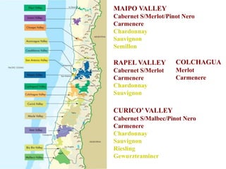 MAIPO VALLEY
Cabernet S/Merlot/Pinot Nero
Carmenere
Chardonnay
Sauvignon
Semillon
RAPEL VALLEY
Cabernet S/Merlot
Carmenere
Chardonnay
Sauvignon
CURICO’ VALLEY
Cabernet S/Malbec/Pinot Nero
Carmenere
Chardonnay
Sauvignon
Riesling
Gewurztraminer
COLCHAGUA
Merlot
Carmenere
 