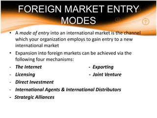 Case Study (1) : McDonald’s Goes GlobalPricing is also a problem, as the purchasing price of a ‘Big Mac’ depends on the exchange rate between the local currency and the U.S. dollarThe lesson learned by McDonald’s is that dependence on a single domestic market can be overcome by overseas ventures, but not without a considerable amount of research into the changes that must be made in each culture to make the foreign operation a success.