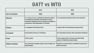 GATT vs WTO
GATT WTO
Year of formation 1948 1995
Meaning It is a series of rules, a multilateral agreement without
an institutional foundation and with just an ad hoc
secretariat, originating from the attempt to establish an
International Trade Organization in the 1940s.
It is a permanent institution with its own secretariat.
Purpose To strengthen international trade. To govern GATT and international trade practices.
Framework No permanent structure or framework. Has a permanent structure with a permanent framework.
Scope Trade in goods. Trade in goods; trade in services and trade-related
aspects of intellectual property rights.
Dispute resolution Has a permanent appellate body to review findings and
settle disputes.
Disputes are resolved faster as settlement system has a
select time frame.
 