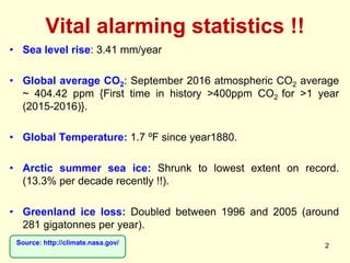 Vital alarming statistics !!
2
• Sea level rise: 3.41 mm/year
• Global average CO2: September 2016 atmospheric CO2 average
~ 404.42 ppm {First time in history >400ppm CO2 for >1 year
(2015-2016)}.
• Global Temperature: 1.7 ºF since year1880.
• Arctic summer sea ice: Shrunk to lowest extent on record.
(13.3% per decade recently !!).
• Greenland ice loss: Doubled between 1996 and 2005 (around
281 gigatonnes per year).
Source: http://climate.nasa.gov/
 