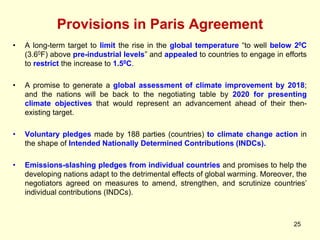 Provisions in Paris Agreement
25
• A long-term target to limit the rise in the global temperature “to well below 20C
(3.60F) above pre-industrial levels” and appealed to countries to engage in efforts
to restrict the increase to 1.50C.
• A promise to generate a global assessment of climate improvement by 2018;
and the nations will be back to the negotiating table by 2020 for presenting
climate objectives that would represent an advancement ahead of their then-
existing target.
• Voluntary pledges made by 188 parties (countries) to climate change action in
the shape of Intended Nationally Determined Contributions (INDCs).
• Emissions-slashing pledges from individual countries and promises to help the
developing nations adapt to the detrimental effects of global warming. Moreover, the
negotiators agreed on measures to amend, strengthen, and scrutinize countries’
individual contributions (INDCs).
 
