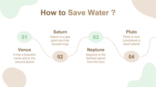 How to Save Water ?
01
It has a beautiful
name and is the
second planet
Venus
02
Saturn is a gas
giant and has
several rin...