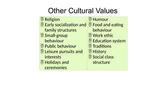 Other Cultural Values
 Religion
 Early socialization and
family structures
 Small-group
behaviour
 Public behaviour
 Leisure pursuits and
interests
 Holidays and
ceremonies
 Humour
 Food and eating
behaviour
 Work ethic
 Education system
 Traditions
 History
 Social class
structure
 