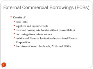 Consist of  bank loans suppliers' and buyers' credits fixed and floating rate bonds (without convertibility) borrowings from private sectors multilateral Financial Institutions International Finance Corporation.  Euro-issues Convertible bonds, ADRs and GDRs.  External Commercial Borrowings (ECBs) 