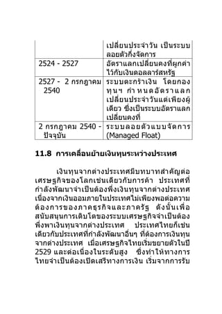 เปลี่ ย นประจำา วั น เป็ น ระบบ
                  ลอยตัวกึงจัดการ
                            ่
 2524 - 2527      อัตราแลกเปลี่ยนคงที่ผูกค่า
                  ไว้กบเงินดอลลาร์สหรัฐ
                         ั
 2527 - 2 กรกฎาคม ระบบตะกร้ า เงิ น โดยกอง
  2540            ทุ น ฯ กำา ห น ด อั ต ร า แ ล ก
                  เปลี่ ย นประจำา วั น แต่ เ พี ย งผู้
                  เดียว ซึ่งเป็นระบบอัตราแลก
                  เปลียนคงที่
                       ่
 2 กรกฎาคม 2540 - ร ะ บ บ ลอ ย ตั ว แ บ บ จั ด ก า ร
  ปัจจุบน
        ั         (Managed Float)

11.8 การเคลือนย้ายเงินทุนระหว่างประเทศ
            ่

         เงิ น ทุ น จากต่ า งประเทศมี บ ทบาทสำา คั ญ ต่ อ
เศรษฐกิ จ ของโลกเช่ น เดี ย วกั บ การค้ า ประเทศที่
กำา ลัง พั ฒ นาจำา เป็ น ต้ อ งพึ่ ง เงิ น ทุ น จากต่ า งประเทศ
เนื่องจากเงินออมภายในประเทศไม่เพียงพอต่อความ
ต้ อ งการของภาคธุรกิ จ และ ภาครั ฐ ดั ง นั้ น เพื่ อ
สนับสนุนการเติบโตของระบบเศรษฐกิจจำา เป็ นต้อ ง
พึ่งพาเงินทุนจากต่างประเทศ ประเทศไทยก็เช่น
เดียวกับประเทศทีกำาลังพัฒนาอื่นๆ ที่ต้องการเงินทุน
                      ่
จากต่างประเทศ เมื่อเศรษฐกิจไทยเริ่มขยายตัวในปี
2529 และต่ อ เนื่ อ งในระดั บ สู ง ซึ่ ง ทำา ให้ ท างการ
ไทยจำา เป็นต้องเปิด เสรี ท างการเงิ น เริ่ ม จากการรั บ
 