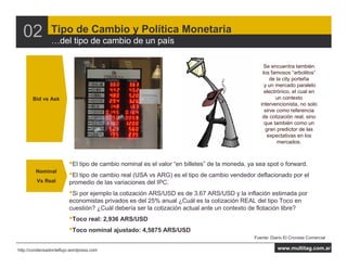 02            Tipo de Cambio y Política Monetaria
                    del tipo de cambio de un país

                                                                                                  Se encuentra también
                                                                                                 los famosos “arbolitos”
                                                                                                     de la city porteña
                                                                                                  y un mercado paralelo
                                                                                                  electrónico, el cual en
       Bid vs Ask                                                                                      un contexto
                                                                                                intervencionista, no solo
                                                                                                  sirve como referencia
                                                                                                 de cotización real, sino
                                                                                                  que también como un
                                                                                                   gran predictor de las
                                                                                                    expectativas en los
                                                                                                        mercados.



                         •El tipo de cambio nominal es el valor “en billetes” de la moneda, ya sea spot o forward.
        Nominal
                         •El tipo de cambio real (USA vs ARG) es el tipo de cambio vendedor deflacionado por el
         Vs Real         promedio de las variaciones del IPC.
                         •Si por ejemplo la cotización ARS/USD es de 3.67 ARS/USD y la inflación estimada por
                         economistas privados es del 25% anual ¿Cuál es la cotización REAL del tipo Toco en
                         cuestión? ¿Cuál debería ser la cotización actual ante un contexto de flotación libre?
                         •Toco real: 2,936 ARS/USD
                         •Toco nominal ajustado: 4,5875 ARS/USD
                                                                                             Fuente: Diario El Cronista Comercial

http://condensadordeflujo.wordpress.com                                                                 www.multitag.com.ar
 