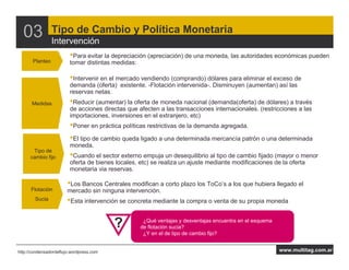 03             Tipo de Cambio y Política Monetaria
                 Intervención
                         •Para evitar la depreciación (apreciación) de una moneda, las autoridades económicas pueden
       Planteo           tomar distintas medidas:

                         •Intervenir en el mercado vendiendo (comprando) dólares para eliminar el exceso de
                         demanda (oferta) existente. -Flotación intervenida-. Disminuyen (aumentan) así las
                         reservas netas.
      Medidas            •Reducir (aumentar) la oferta de moneda nacional (demanda(oferta) de dólares) a través
                         de acciones directas que afecten a las transacciones internacionales. (restricciones a las
                         importaciones, inversiones en el extranjero, etc)
                         •Poner en práctica políticas restrictivas de la demanda agregada.
                         •El tipo de cambio queda ligado a una determinada mercancía patrón o una determinada
                         moneda.
       Tipo de
      cambio fijo        •Cuando el sector externo empuja un desequilibrio al tipo de cambio fijado (mayor o menor
                         oferta de bienes locales, etc) se realiza un ajuste mediante modificaciones de la oferta
                         monetaria via reservas.

                        •Los Bancos Centrales modifican a corto plazo los ToCo’s a los que hubiera llegado el
      Flotación         mercado sin ninguna intervención.
        Sucia           •Esta intervención se concreta mediante la compra o venta de su propia moneda
                                                 ¿Qué conclusiones preliminares obtiene del benchmark?
                                                    •¿Qué ventajas y desventajas encuentra en el esquema
                                          ?      ¿Es atractivasucia?
                                                  de flotación Argentina para los inversores foráneos?
                                                    •¿Y en el de tipo de cambio fijo?
                                                 ¿Y para los domésticos?

http://condensadordeflujo.wordpress.com                                                                    www.multitag.com.ar
 