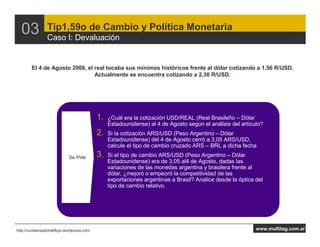 03            Tip1,59o de Cambio y Política Monetaria
                Caso I: Devaluación


        El 4 de Agosto 2008, el real tocaba sus mínimos históricos frente al dólar cotizando a 1,56 R/USD.
                                Actualmente se encuentra cotizando a 2,30 R/USD.




                                          1.   ¿Cuál era la cotización USD/REAL (Real Brasileño – Dólar
                                               Estadounidense) al 4 de Agosto según el análisis del artículo?
                                          2.   Si la cotización ARS/USD (Peso Argentino – Dólar
                                               Estadounidense) del 4 de Agosto cerró a 3,05 ARS/USD,
                                               calcule el tipo de cambio cruzado ARS – BRL a dicha fecha

                           Se Pide        3.   Si el tipo de cambio ARS/USD (Peso Argentino – Dólar
                                               Estadounidense) era de 3,05 al4 de Agosto, dadas las
                                               variaciones de las monedas argentina y brasilera frente al
                                               dólar, ¿mejoró o empeoró la competitividad de las
                                               exportaciones argentinas a Brasil? Analice desde la óptica del
                                               tipo de cambio relativo.




http://condensadordeflujo.wordpress.com                                                                   www.multitag.com.ar
 