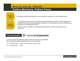 Nivel de precios, Inflación
                  Política Montearia, Política Fiscal

         Política
          Fiscal
                         •Se refiere al gasto del Estado, a la recaudación impositiva y a las transferencias.

                            •Las decisiones se toman por los Bancos Centrales para cumplir con los objetivos de
                            mantener el nivel de precios estable, mantener un crecimiento económico sostenido en
        Política            el tiempo (Full Employment GDP).
       Monetaria
                            •Para cumplir los objetivos aumentarán/disminuirán la oferta monetaria en una
                            economía.




      Demanda Agregada                      C + I + G +X (expo-impo)

    •La D.A. muestra la relación entre el nivel de precios y la cantidad
    de bs./servicios reales demandados en una economía.
    •A > Q de Bs./Serv. > GDP (Gross Domestic Product / PBI)
    •A <   Q de BS./Serv       < GDP




http://condensadordeflujo.wordpress.com                                                                www.multitag.com.ar
 
