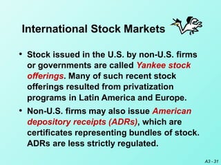 • Stock issued in the U.S. by non-U.S. firms
or governments are called Yankee stock
offerings. Many of such recent stock
o...