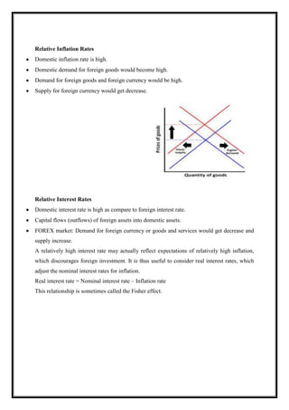Relative Inflation Rates
Domestic inflation rate is high.
Domestic demand for foreign goods would become high.
Demand for foreign goods and foreign currency would be high.
Supply for foreign currency would get decrease.
Relative Interest Rates
Domestic interest rate is high as compare to foreign interest rate.
Capital flows (outflows) of foreign assets into domestic assets.
FOREX market: Demand for foreign currency or goods and services would get decrease and
supply increase.
A relatively high interest rate may actually reflect expectations of relatively high inflation,
which discourages foreign investment. It is thus useful to consider real interest rates, which
adjust the nominal interest rates for inflation.
Real interest rate = Nominal interest rate – Inflation rate
This relationship is sometimes called the Fisher effect.
 